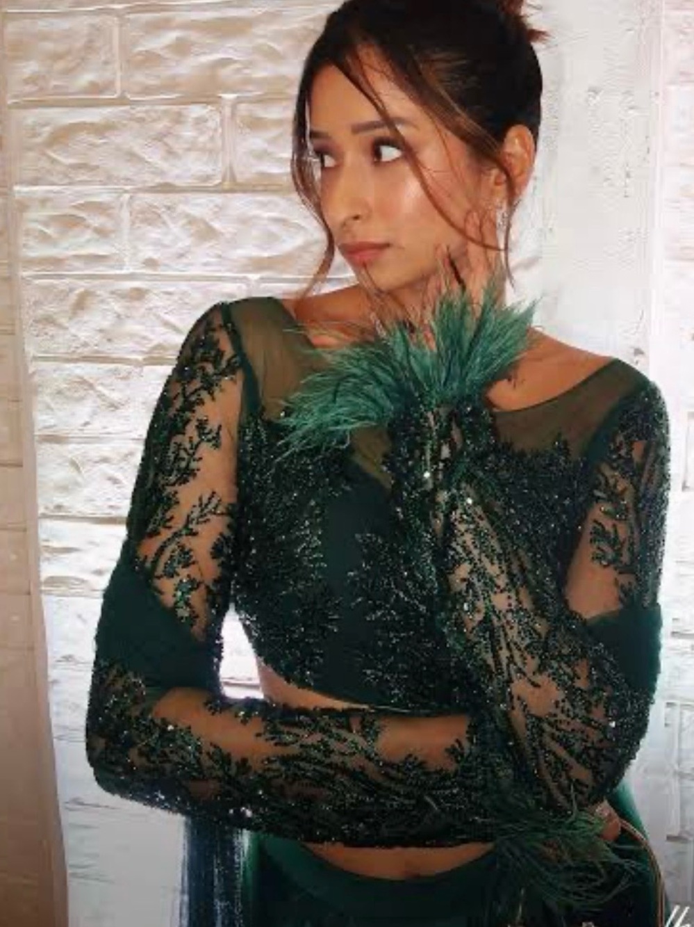 Embellished Dark Green Lehenga Beaded Crop Top with Feather Cuffs